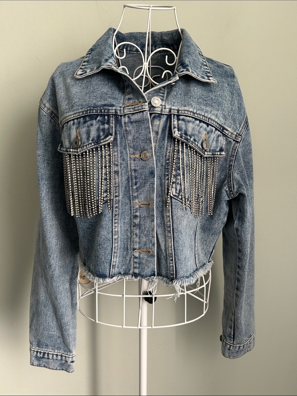 SHEIN Light Blue Cropped Denim Jacket with Rhinestone Fringe
